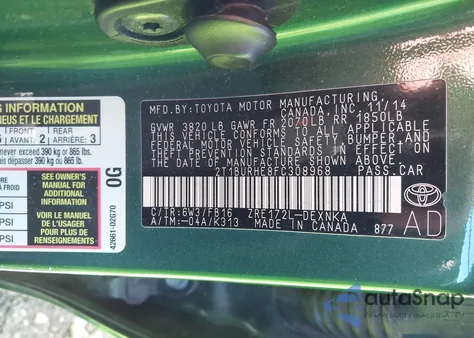 2015 Toyota Corolla Le из США, поврежденный, VIN 2T1BURHE8FC308968